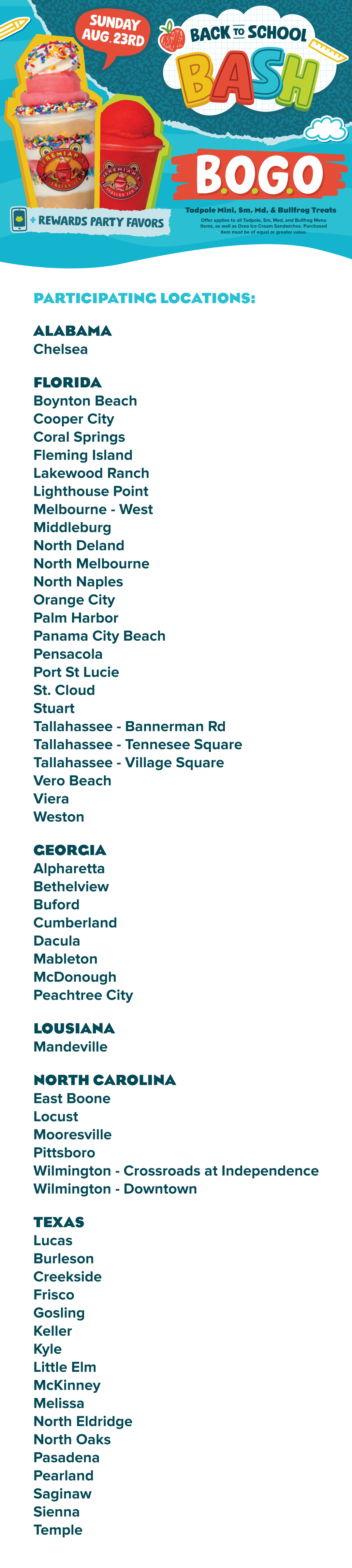 Back to School Bash August 23rd Participating locations